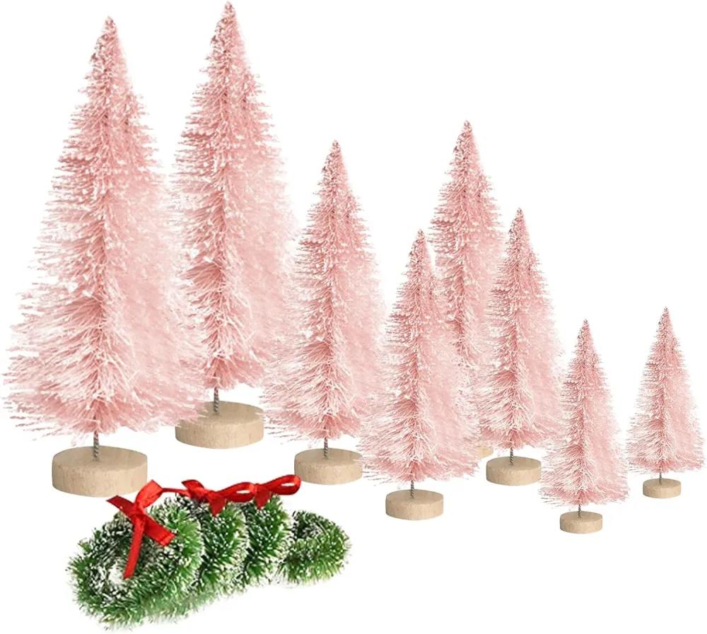 8pcs Miniature Christmas Tree Wooden Base Desktop Miniature Xmas Tree Decors