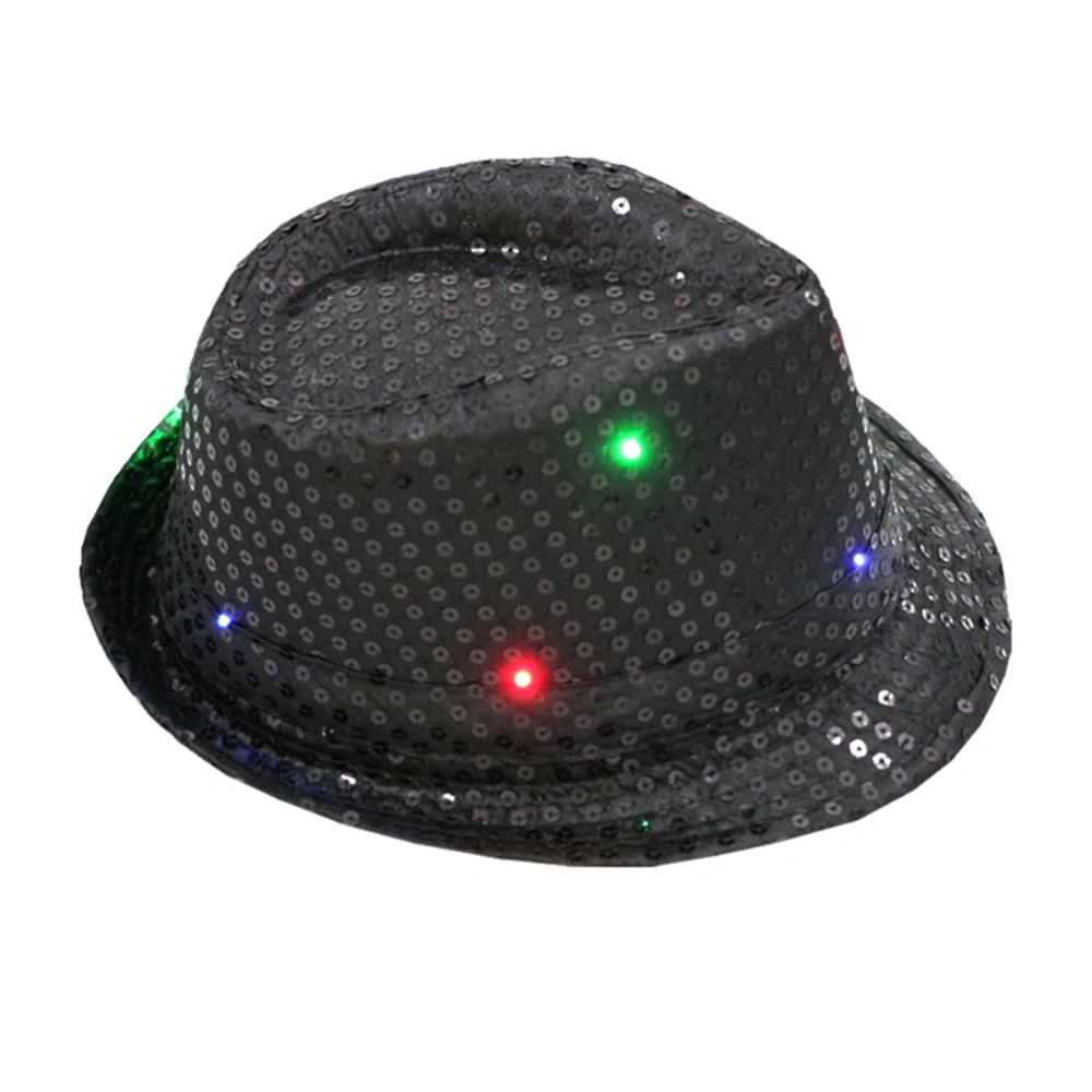 LED Luminous Jazz Hat Stage Props Flash Cowboy Hats with Glitter Sequins Decor for Party (Black)