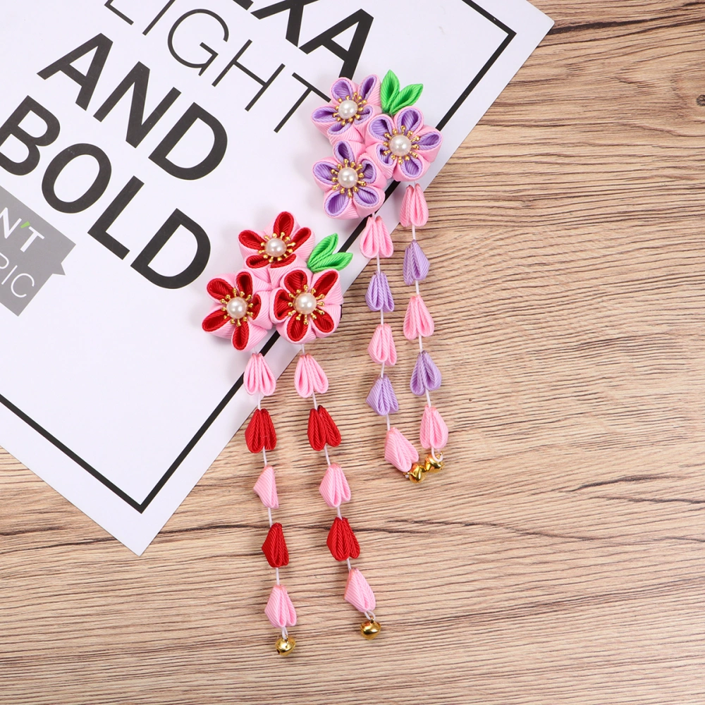 2pcs Chinese Style Oriental Cherry Hair Clip Tassel Hairpin Children Hair Accessory (Pink/Red, Pink/Purple)