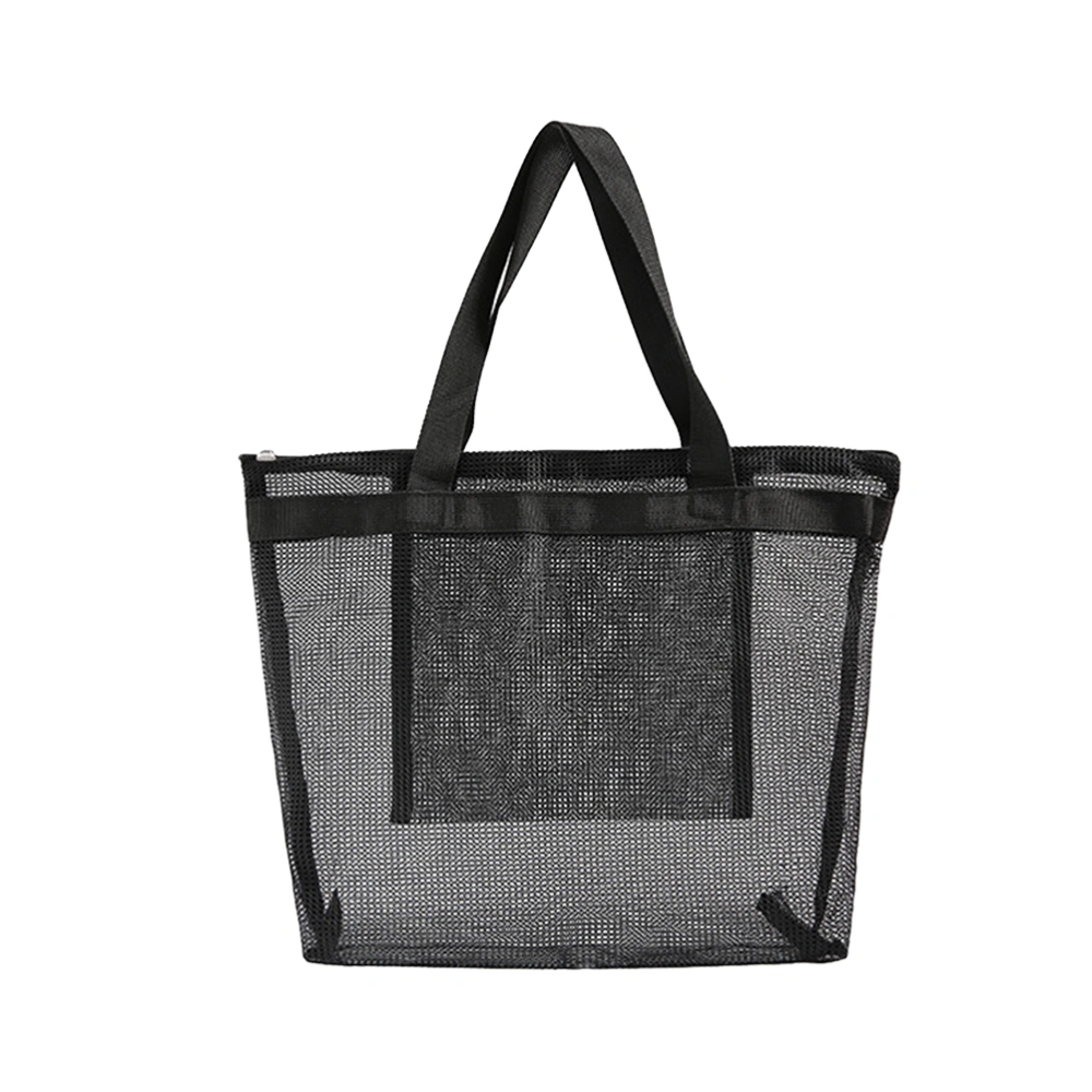 Fashion Mesh Shopping Bag Organizer Reusable Mesh Shoulder Bag Shopping Handbag Beach Bag Dry Wet Clothes Departing Net Tote (Black)