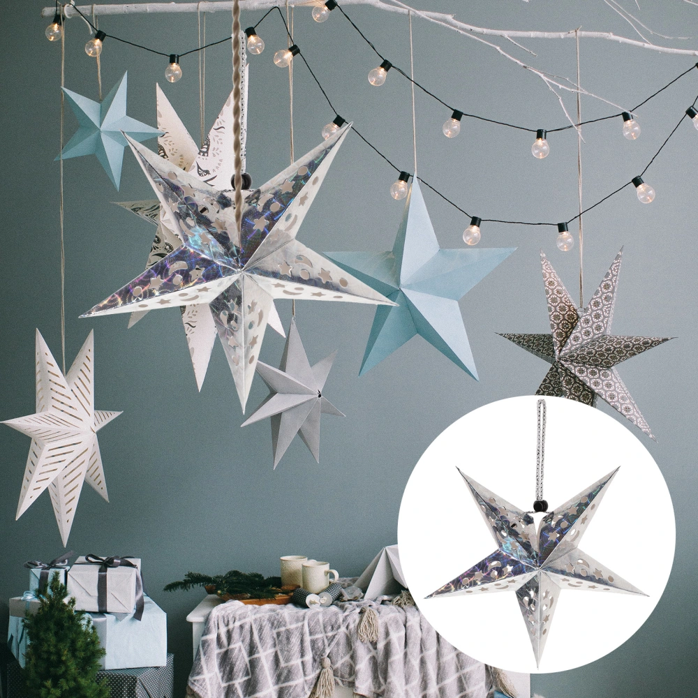 5PCS 30CM Shiny Ceiling Paper Star Lampshade Hanging Pentagram Ornament Party Home Decor for Wedding Christmas Silver