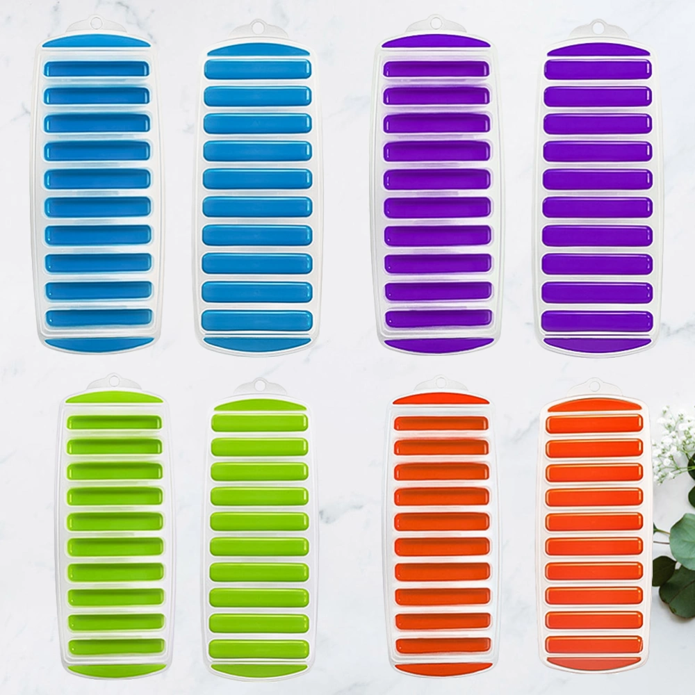 8Pcs 10 Holes Ice Cube Moulds Long Thumb Chocolate Bar Mold Ice Strip Ice Cube Tray Popsicle Cake DIY Baking Tool (4Pcs Blue Orange Purple Green Ice Cube Moulds 4Pcs Lids)