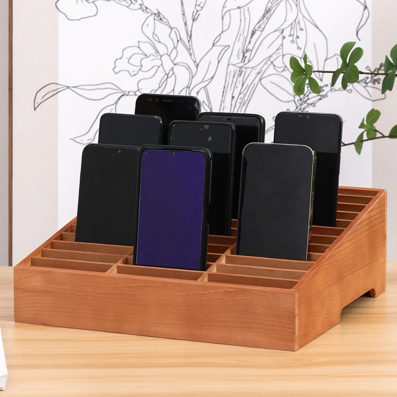 Cell Phone Storage Box Desktop Wood Cell Phone Holder Compartment Desk Organizer