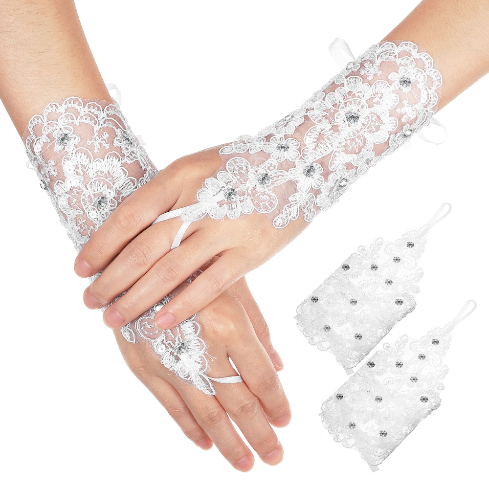 1 Pair of Women's Lace Gloves Mesh Embroidery Flower Rhinestone Fingerless Bridal Gloves Prom Gloves for Wedding Costume Accessories