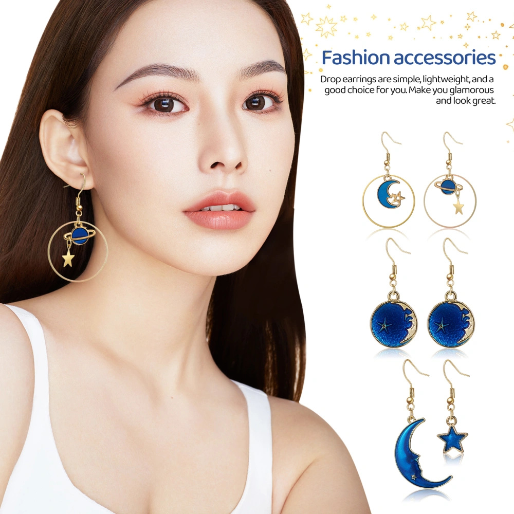 7 Pair of Moon Star Earth Planet Drop Hook Earrings Enamel Long Pendant Dangle Earrings for Women Girls