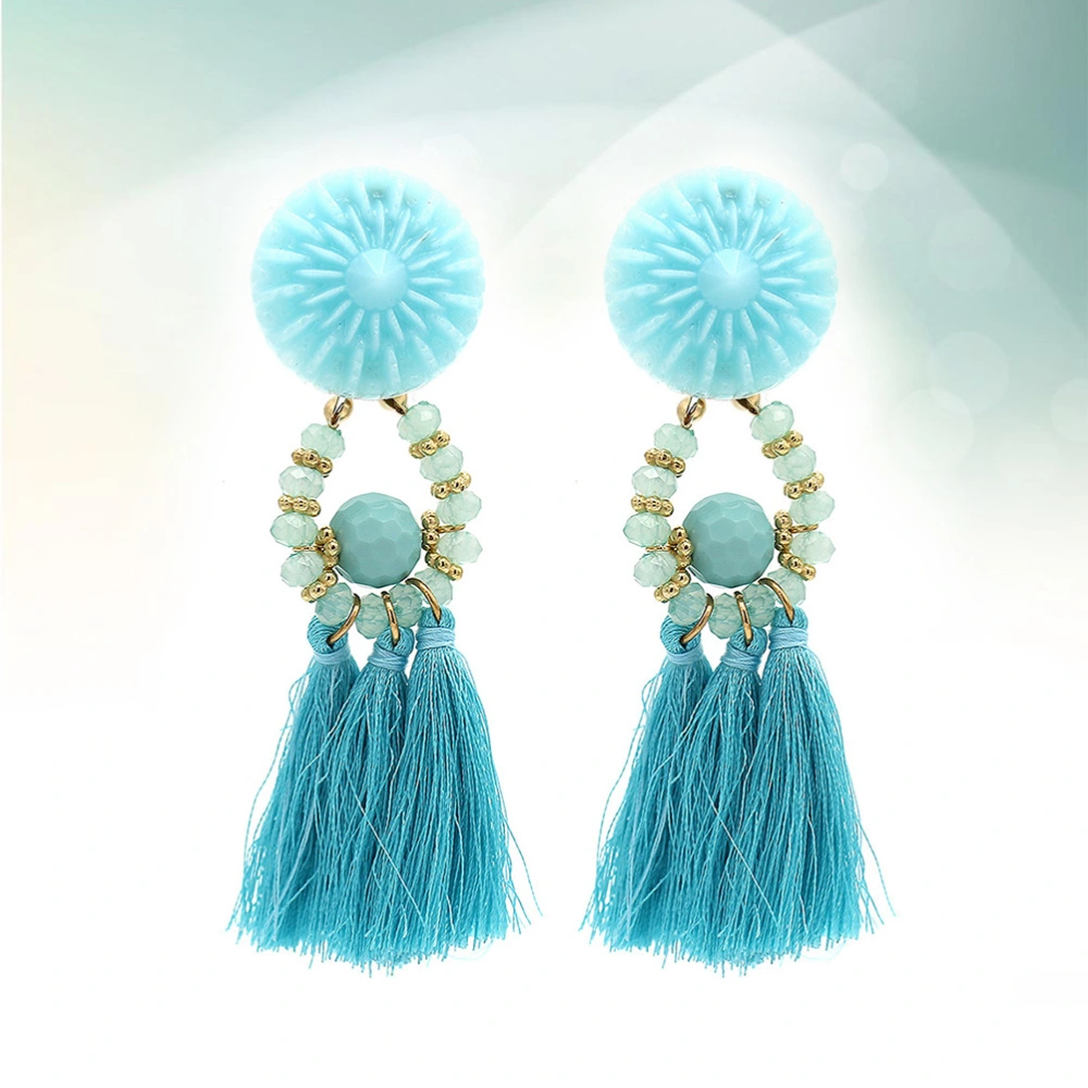 A Pair of Fashion Ethnic Tassel Earrings with Crystal Women Earrings Red Bohemian Beaded Dangle Drop Earring Retro Jewelry (Sky Blue)