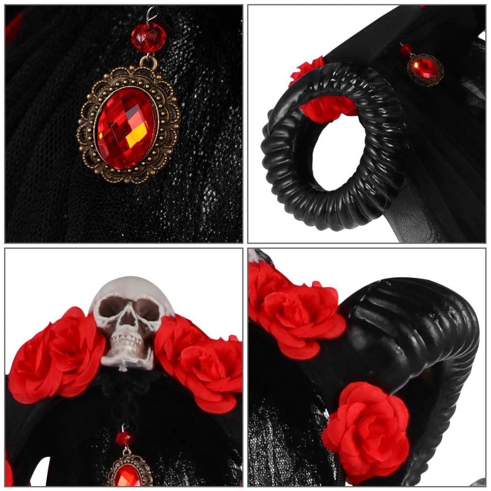 Simulation Horns Headband With Veil Gothic Lolita Devil Floral Horns Headpieces