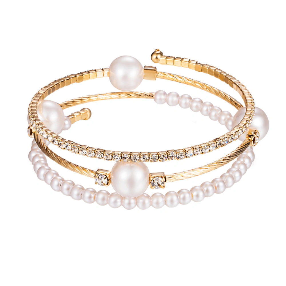 Multilayer Rhinestone Pearl Bracelet Diamond Bracelet Zircon Bracelet for Women Bride Girls (Golden)