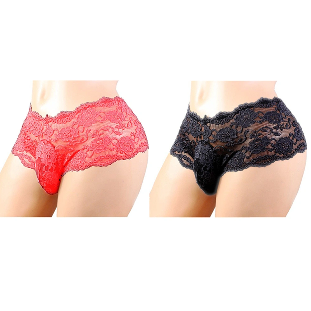 2pcs Men Lace Underpants Sexy Embroidery Underwear Briefs for Adults Lover Couples - Size XXL (Black and Red)