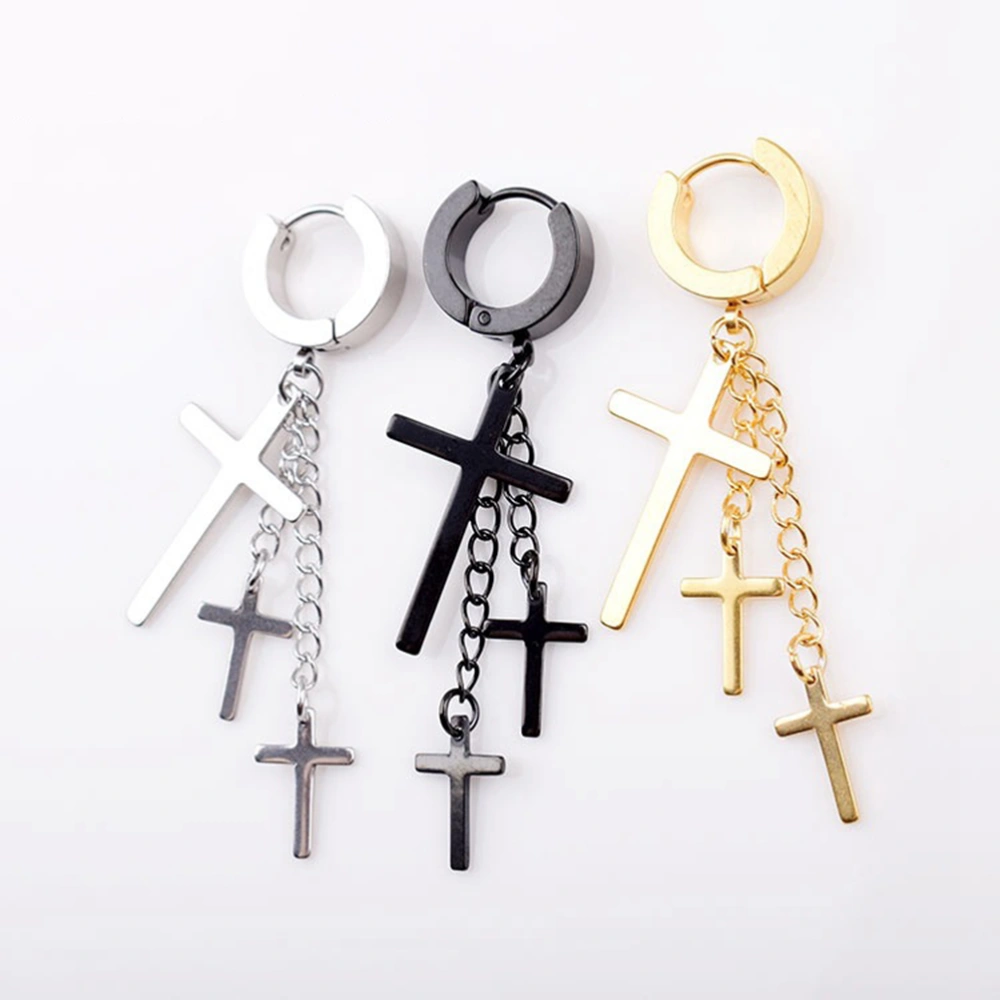 6PCS Mens Ear Buckles Punk Fashion Stainless Steel Stud Earrings Cross Dangle Ear Rings Gift Decor with 3 Cross Pendants (Steel, Black and Gold Color)