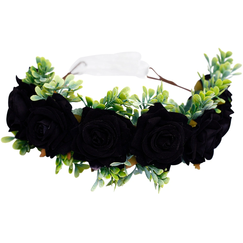 1PC Floral Headdress Artificial Rose Hair Wedding Hair Band Cosplay Headwear for Girls Brides (Black)