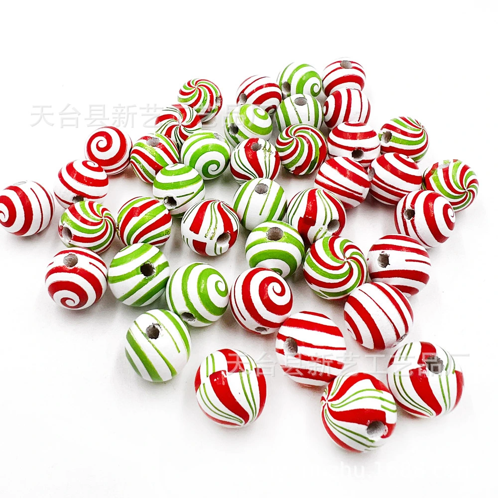 60Pcs Wooden Loose Beads Christmas Loose Beads Round Bead Charms Christmas Garland Wood Beads