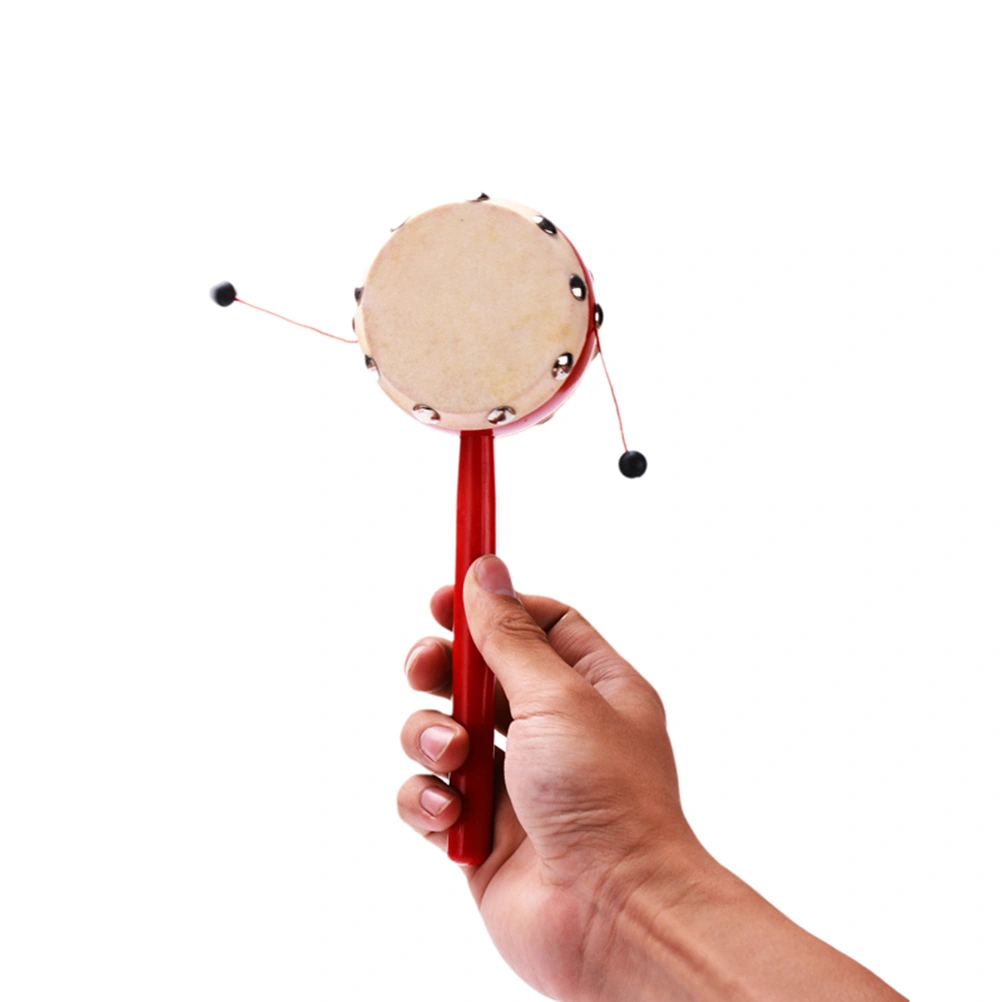 2pcs 7cm Sheepskin Drumhead Rattle-drums Wooden Red Handle Shaking Drum Early Educational Traditional Toy Musical Instruments for Kids