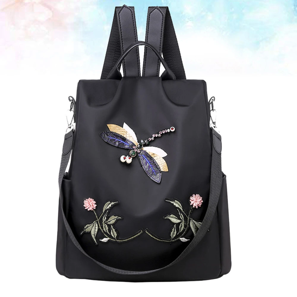 1PC 3D Embroidered Backpack Dragonfly Rhinestone Shoulder Bag Anti-Theft Bag for Outdoor School Travel (Black)