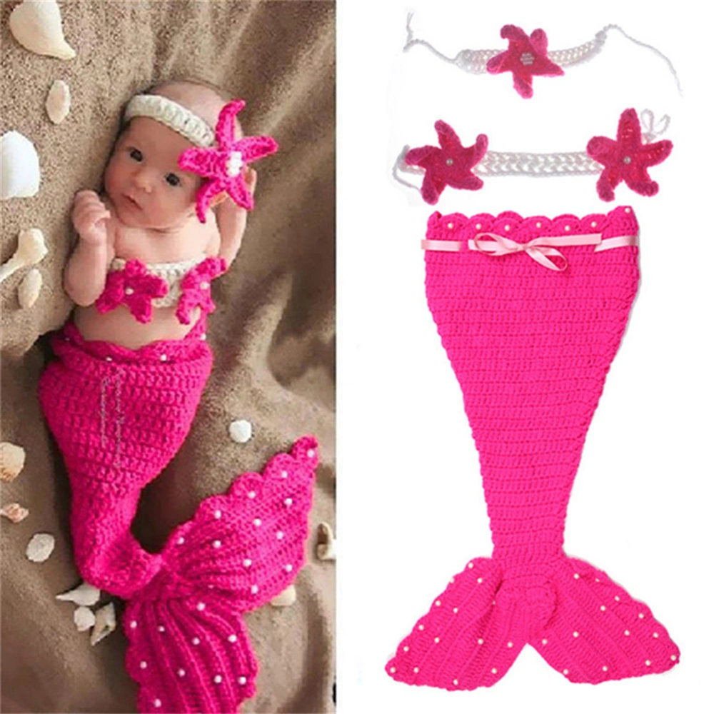 1 Set Lovely Newborn Mermaid Photography Props Baby Costume Infant Baby Knitting Crochet Sweater Cosplay Tail Suits (Rosy)