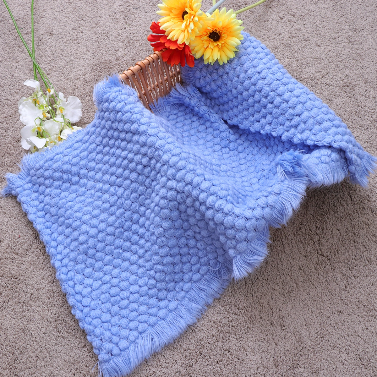Knitted Cotton Blanket Padding Pineapple Blanket Sleeping Large Blanket Photograph Props for Home Newborn Baby (Light Blue)