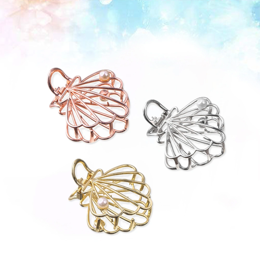 3pcs Hair Claw Jaw Clips Hollow Pearl Shells Hair Claw Clamp for Women Girls (Rose Gold + Bright Gold + Bright Silver)