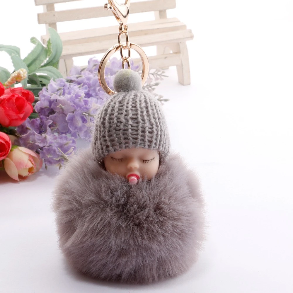 Doll Pom Pom Keychain Cute Fluffy Sleeping Doll Keychain Car Key Chain Pendant