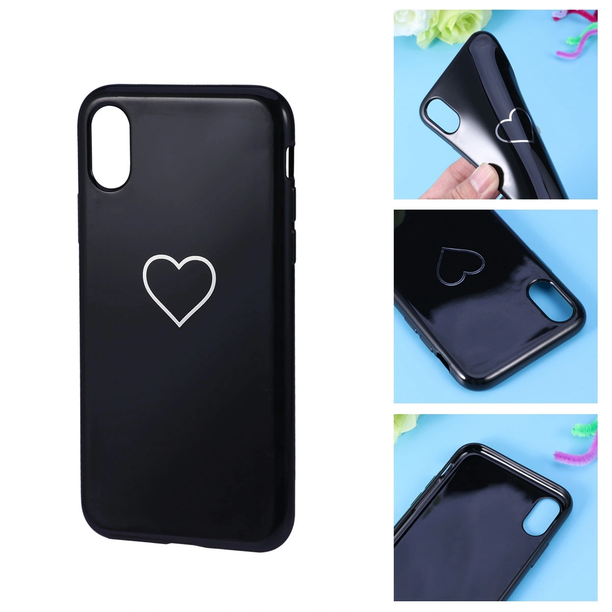 Love Heart Pattern Slim Fit Glossy Phone Cover Drop Resistance Case Protective Shell for iPhone X (Black)