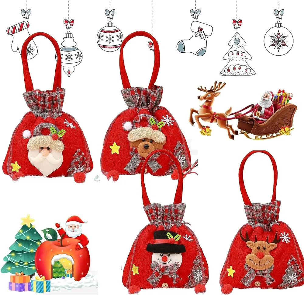 4 pcs Christmas Gift Bags Xmas Gift Wrapping Bags Cute Drawstring Bag Decorative Drawstring Bag