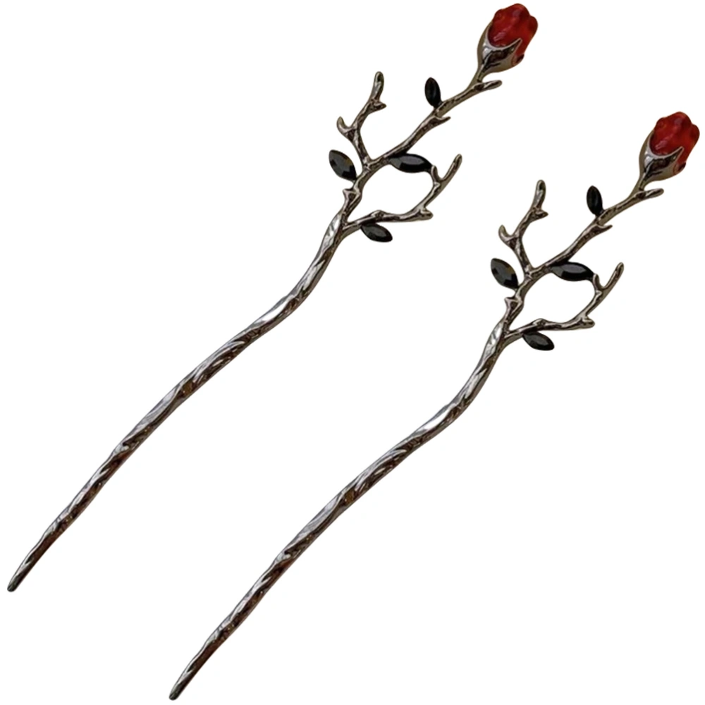 2pcs Rose Flower Hair Sticks Flower Hair Pin Retro Hair Chopstick Bun Hair Holder