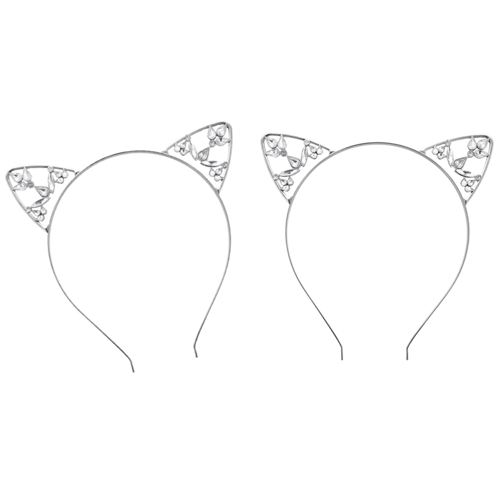 2pcs Alloy Cat Ear Headband Rhinestone Inlay Hollow Hair Clasp Hair Band for Lady Girls