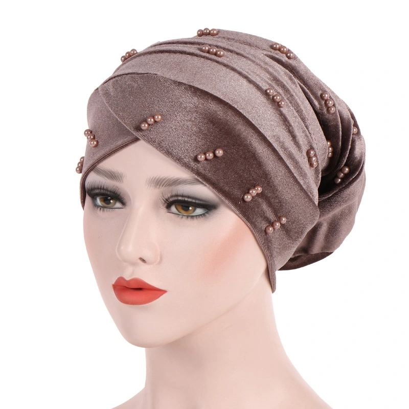 Women Turban Fashionable Head Wrap Cover Pearl Turban Sleeping Hat Wrap Decoration Muslim Head Wrap