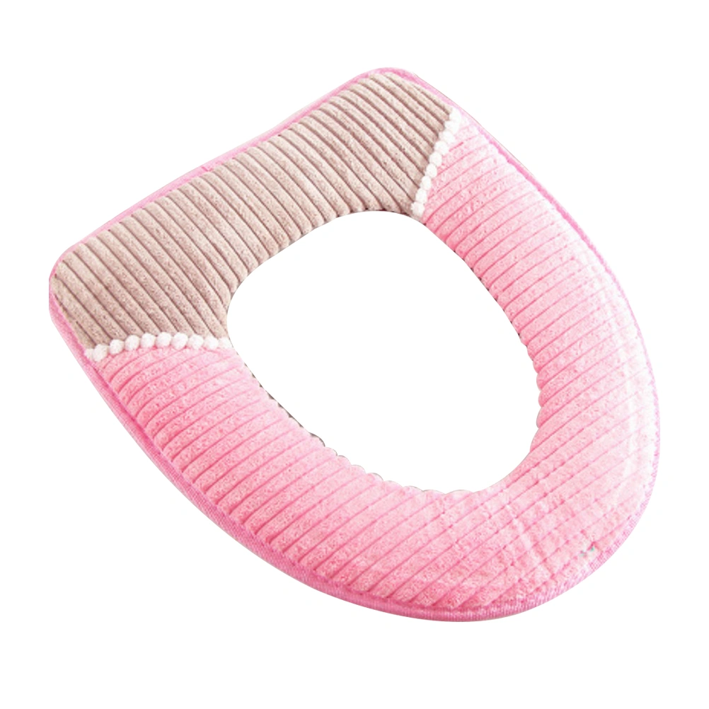 Toilet Seat Winter Home Warm Corduroy Stripe Sticky Buckle Waterproof Toilet Set Thickened Toilet Cushion (Pink)