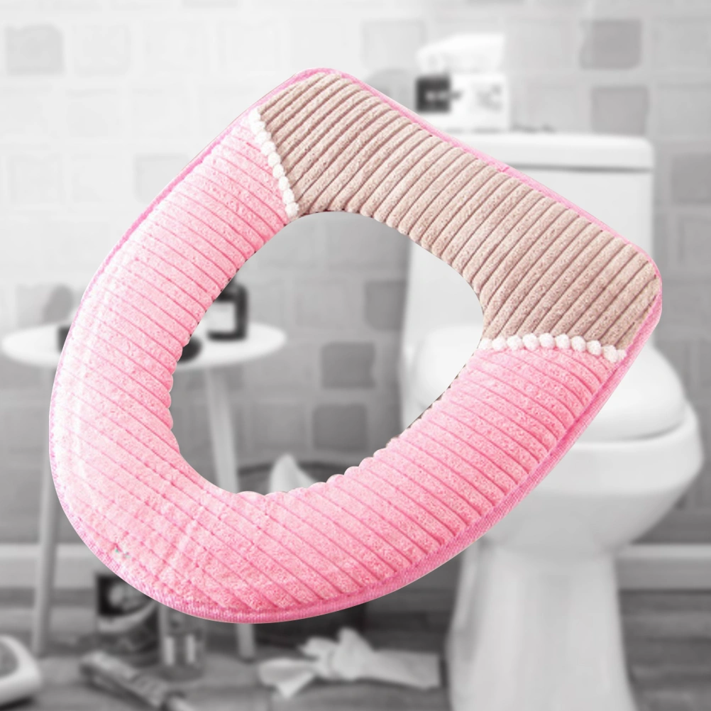 Toilet Seat Winter Home Warm Corduroy Stripe Sticky Buckle Waterproof Toilet Set Thickened Toilet Cushion (Pink)