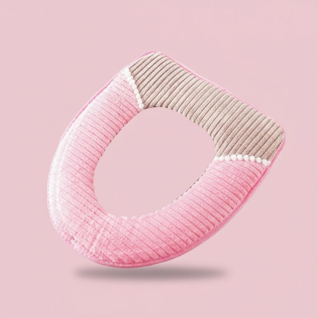 Toilet Seat Winter Home Warm Corduroy Stripe Sticky Buckle Waterproof Toilet Set Thickened Toilet Cushion (Pink)