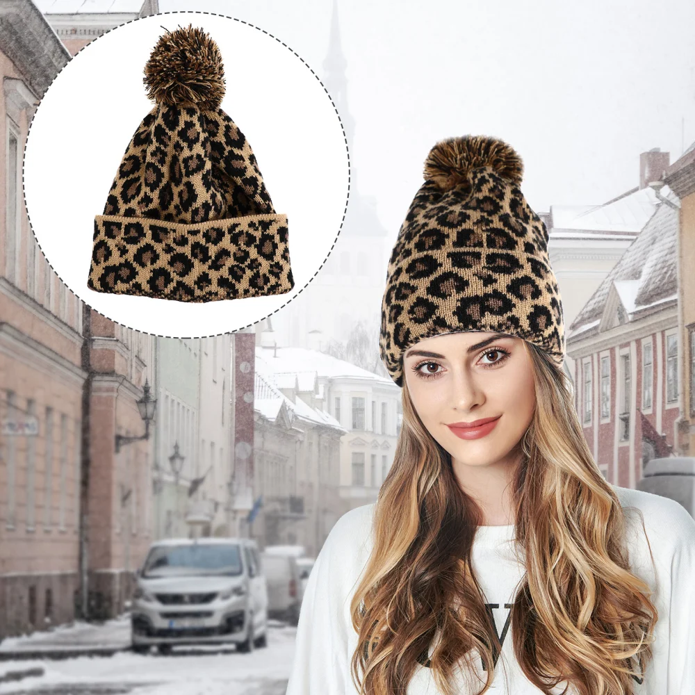 Winter Autumn Women Knitted Hat Leopard Printed Beanie Wool Hat (Coffee)