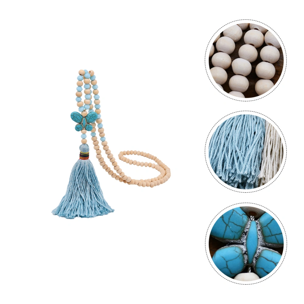 1Pc Bohemian Necklace Casual Tassel Chain Handmade Wooden Beads Necklace (Blue)