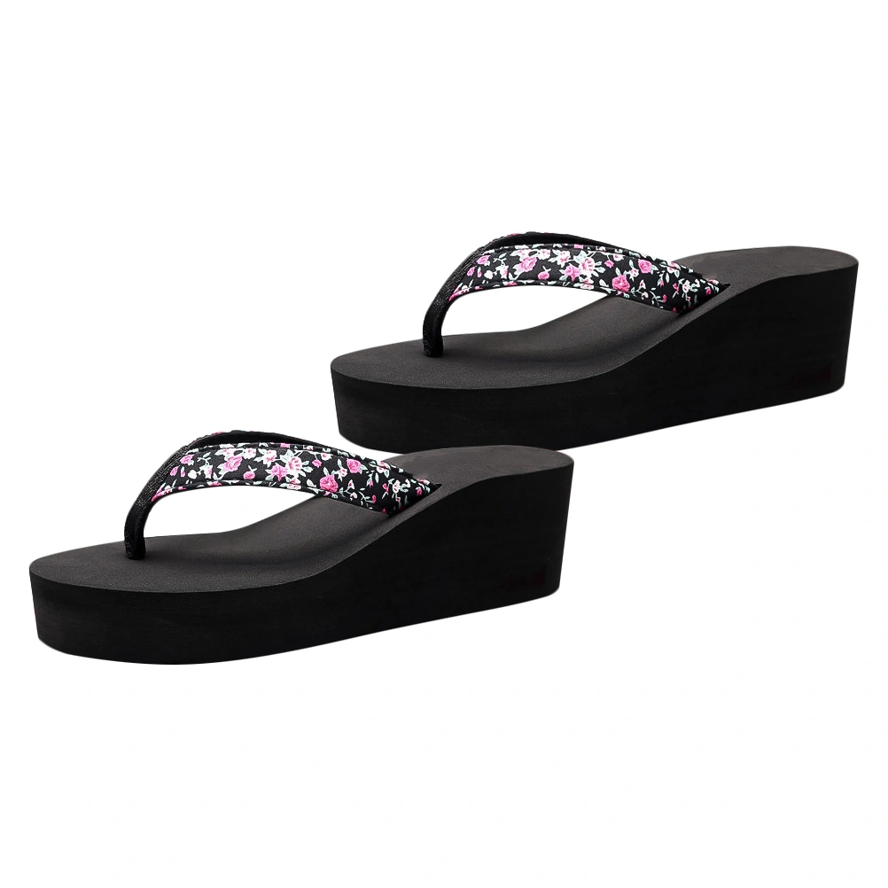 1 Pair Summer Women Wedge Heel Slippers Sandals Thick-Bottom Casual Beach Walk Shoes Beach Flip-flops Comfortable Sandals for Indoor Outdoor (Black Floral Style Size 40 25cm Length 6US 8US 5.5UK 39EU 9.825Inch)
