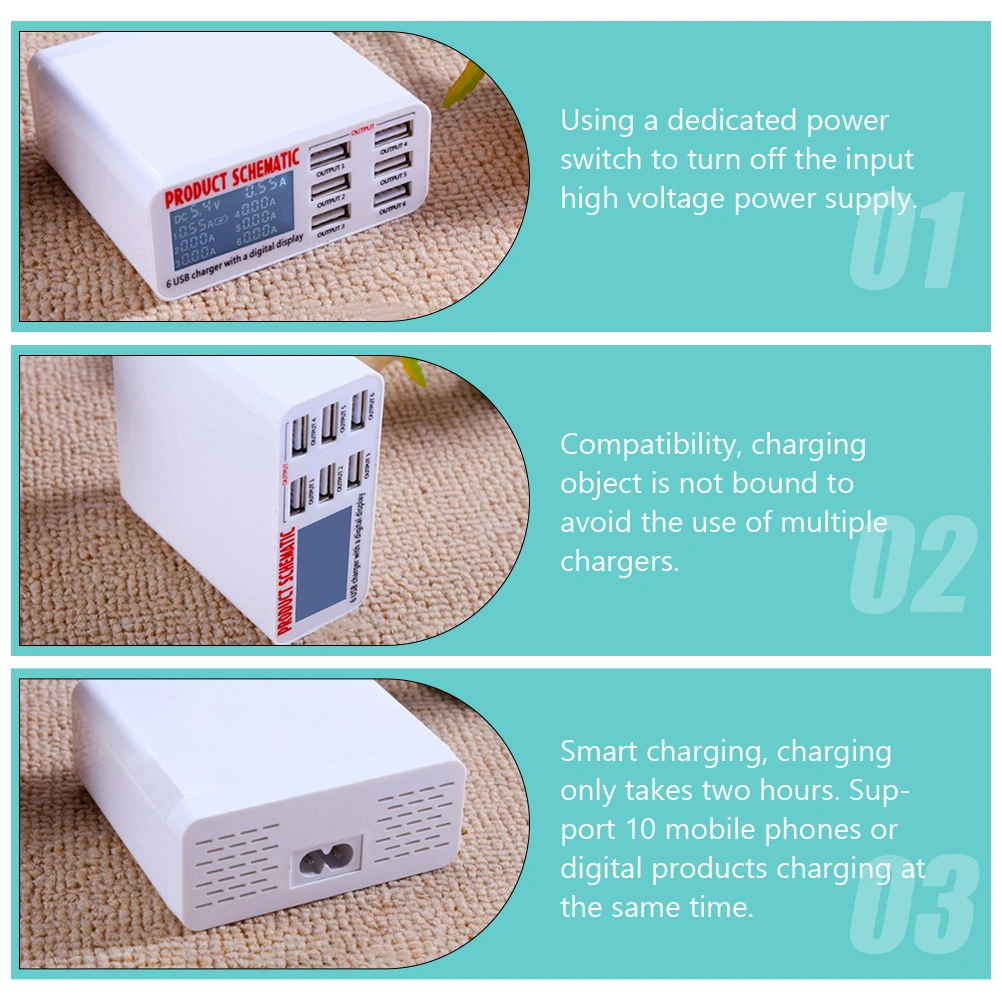 Multi Ports LCD Charging Station USB 6 Ports Power Adapter Power Charger (EU Plug)