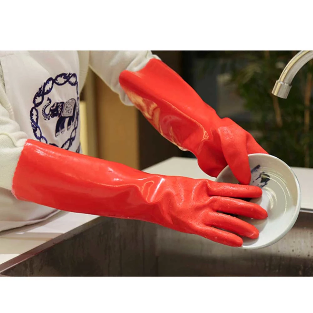 1 Pair Dishwashing Gloves Thicken Kitchen Cleaning Gloves Non-slip Housework Gloves for Daily Use (Length 35cm, Red)