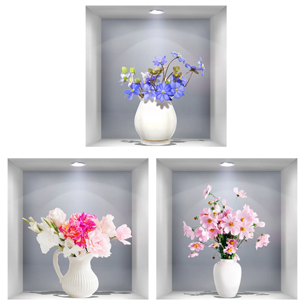 3Pcs 3D Flower Vase Wall Sticker Elegant Flowers Pot Window-View Wall Art Decoration