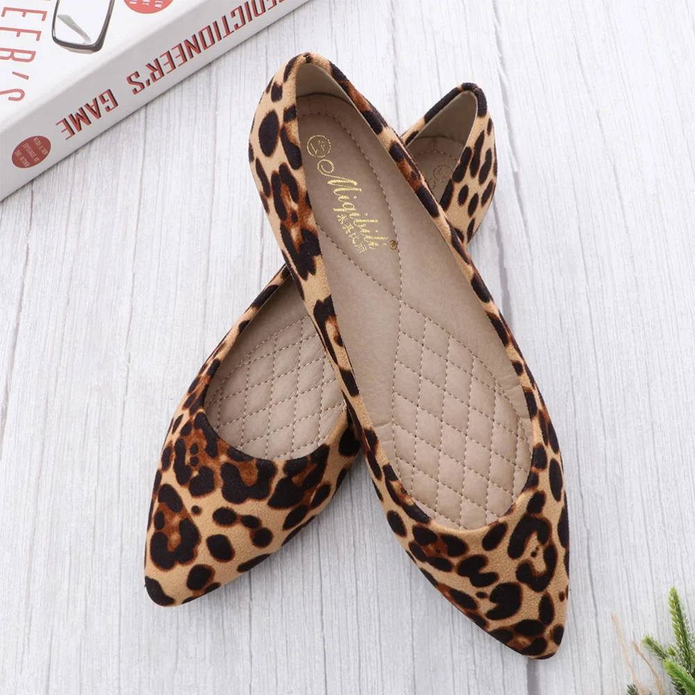 Fashion Leopard Shoes Flat-heeled Shoes Pointed Shoes Leisure for Women Ladies (Khaki Leopard, Size 37)