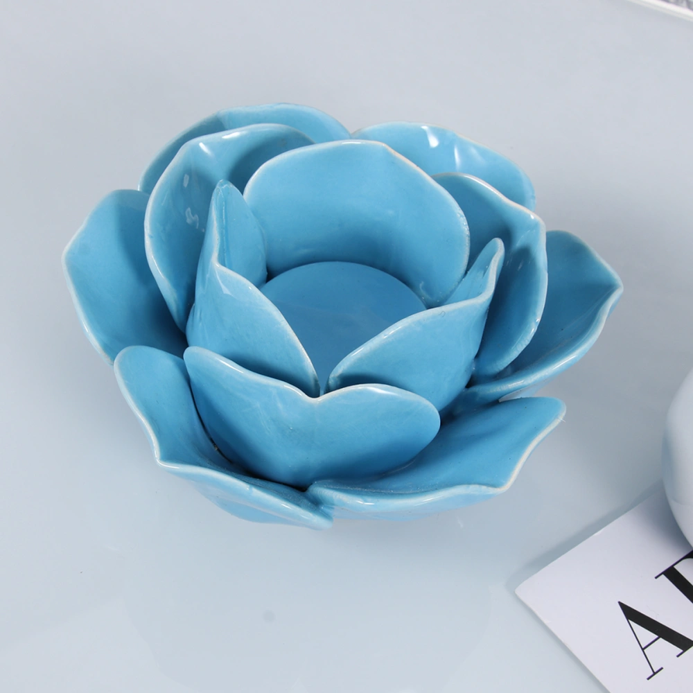 Ceramic Lotus Petals Style Flower Candle Holder Tea Lights Holder Home and Table Decoration(Lotus Blue F)