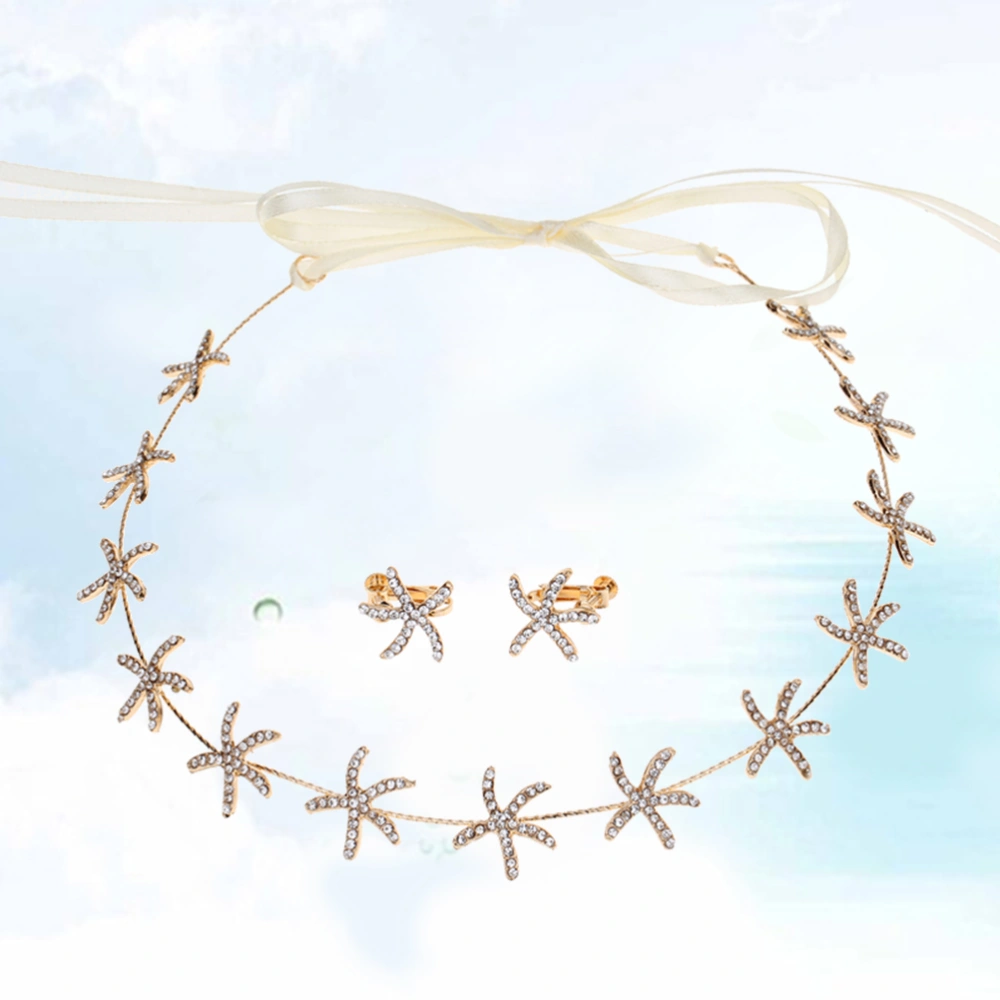 Golden Sea Star Headband Earrings Set Bridal Rhinestone Star Stud Ear Jewelry Decor for Party Wedding Women