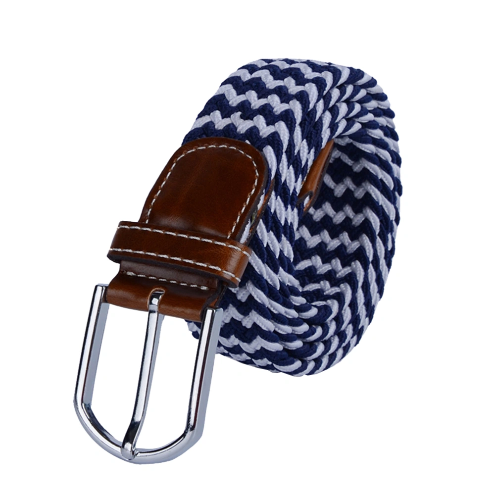 Universal Braided Stretch Belt Casual Fabric Woven Weave Elastic Belt for Men and Women with PU Leather Loop and End Tip (Navy Blue & White)