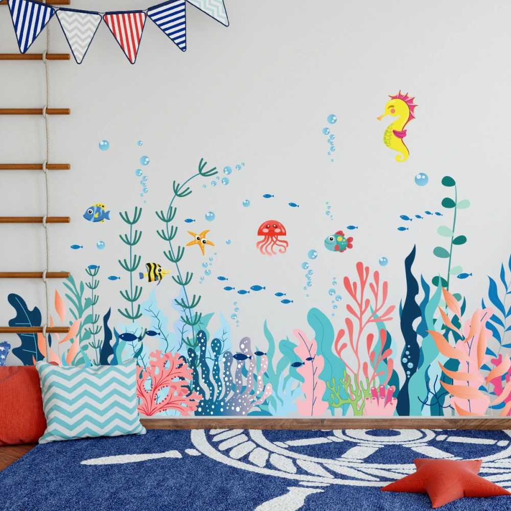 1 Set of Underwater World Wall Sticker Kids Bedroom Wall Decal Cartoon Ocean World Wall Decal