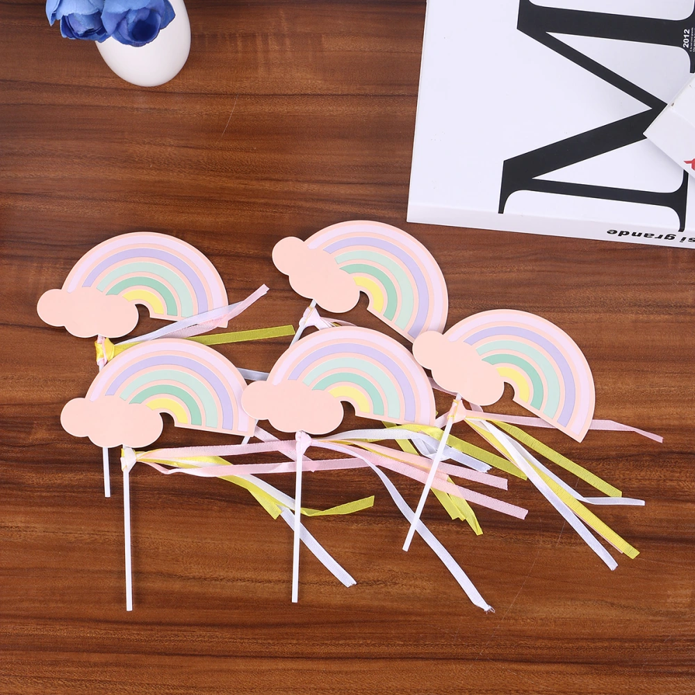 5 PCs Creative Rainbow Ribbon Paper Cake Toppers Cake Decoration Inserts Cake Picks for Birthday Party (Pink)