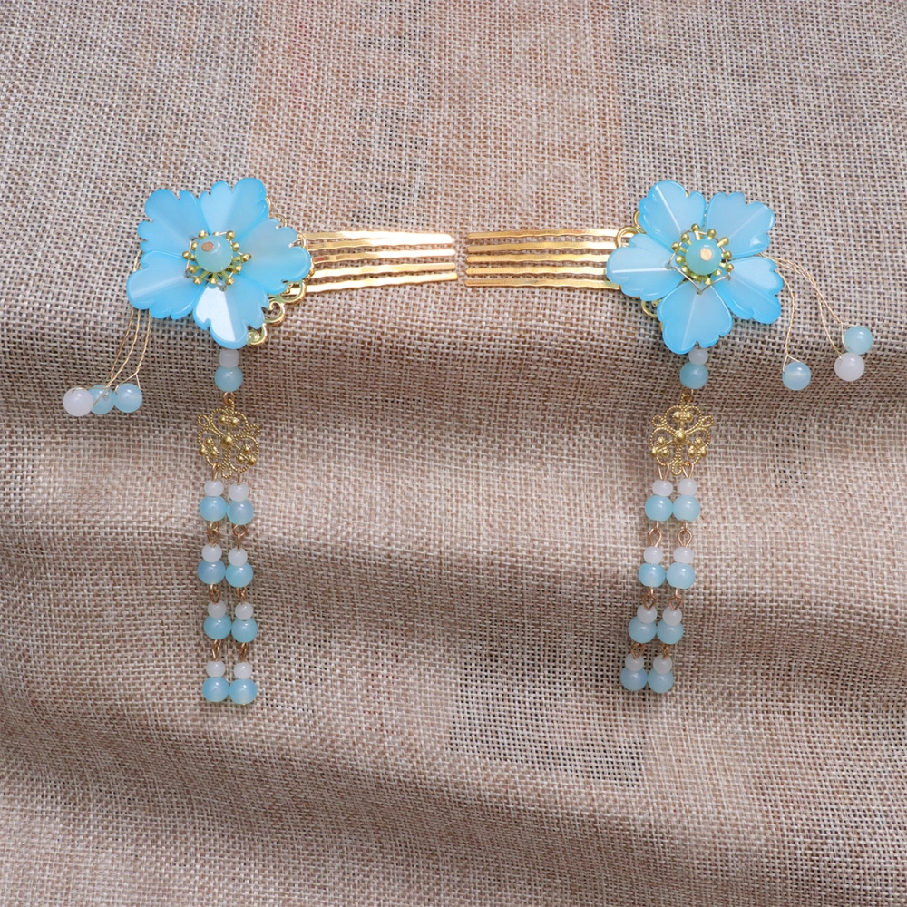 2 Pcs Handmade Hanfu Hairpins Tassel Hair Comb Headwear Classical Small Fresh Fairy Hair Clip Chinese Ancient Dynasty Headwear Charming Hair Accessories Blue