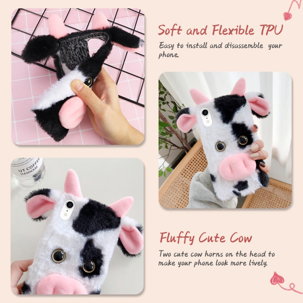 1pc Fluffy Plush Cow Mobile Phone Case Protector Compatible with iPhone XR