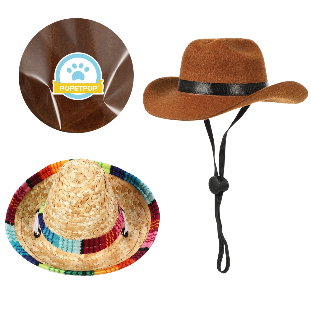 2pcs Dogs and Cats Hats Pet Cowboy Hat Straw Hat Party Headwear Puppy Hats Cosplay Pet Photo Props