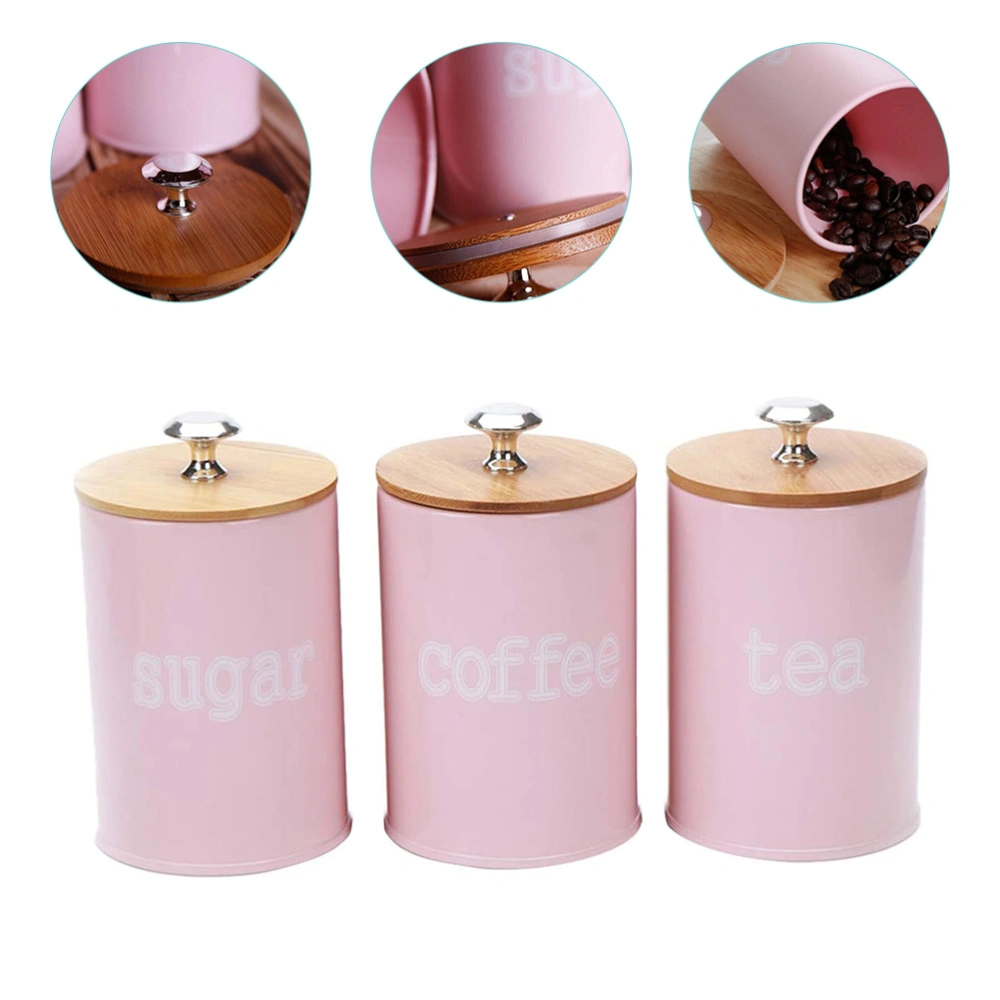 3Pcs Food Storage Jar Pink Food Storage Can with Airtight Seal Bamboo Lid -Modern Design Kitchen Storage Canister for Serving Tea Coffee Spice