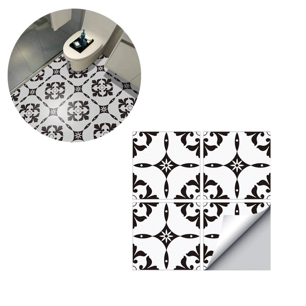 4 Pcs European Style Thicken DIY Diagonal Printed Tile Stickers Removable Waterproof Anti-Slip Wall Stickers Bathroom Floor Stickers - Black Flower