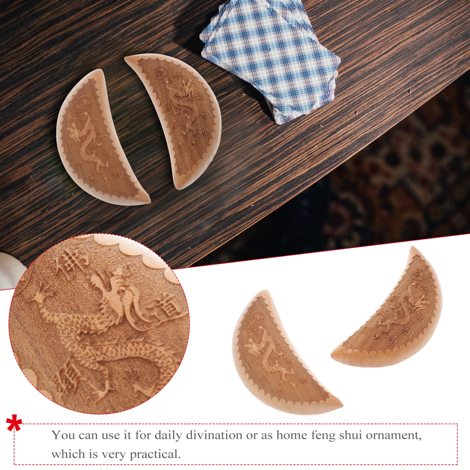 1 Pair Divination Crescent Cup Dragon Pattern Divination Cups Wood Divination Cup