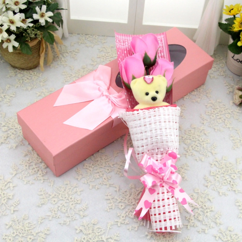 Soap Flower Bouquet Gift Simulation Arrangement Box 3 Roses Plus One Bear Gift Box Novelty Gifts(Random Color)