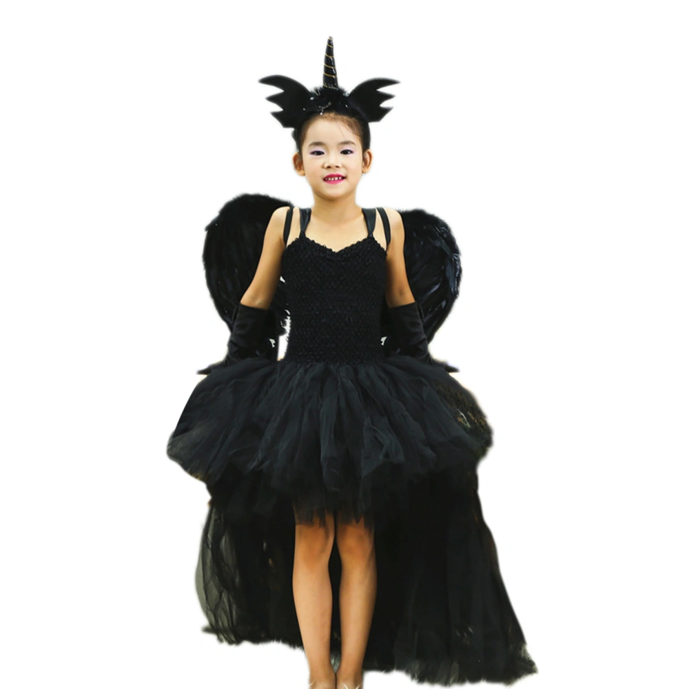 3pcs Black Devil Little Angel Dress Halloween Cosplay Costumes Clothes Set Mesh Performance Suit (Black)